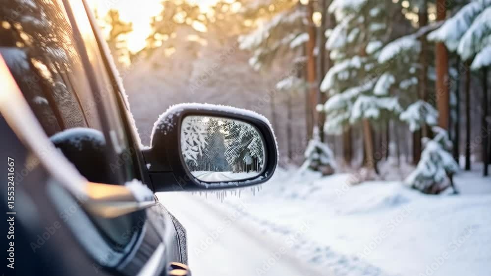 Icy car side mirror showing winter landscape and trees covered in snow on a bright sunny day outdoors. Icy car side mirror showing winter landscape and trees covered in snow on a bright sunny day outdoors.