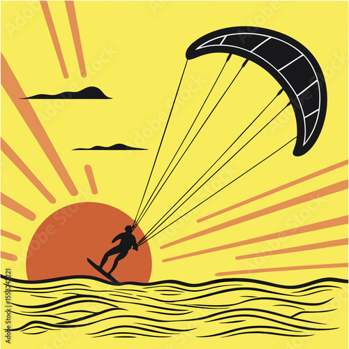 yellow sunset with black kitesurfer flying across