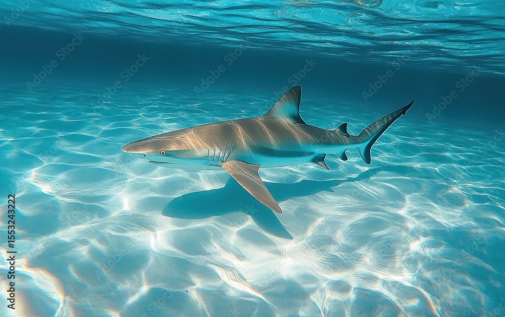 Fototapeta premium Shark swimming gracefully in clear shallow ocean water with sunlight creating rippling patterns on the sandy seabed