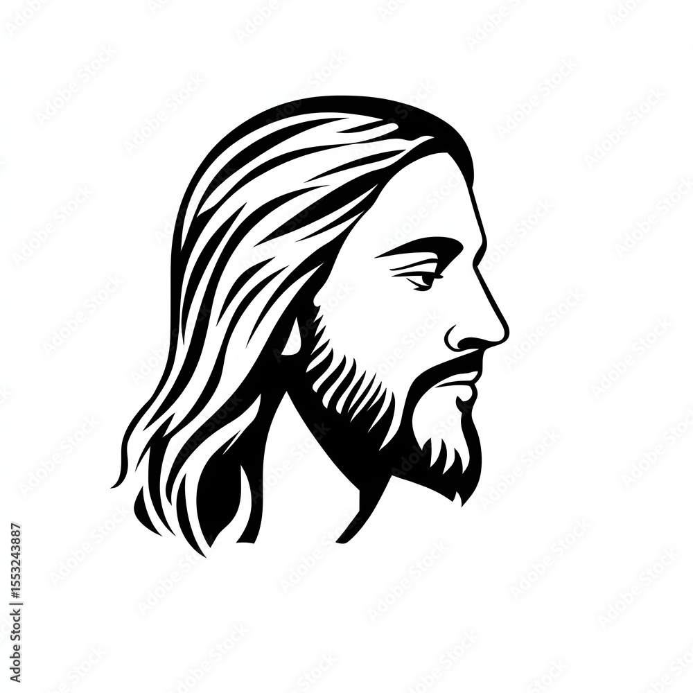Minimalist vector outline icon of the side profile of the face of jesus, very bold lines, white background
Minimalist vector outline icon of the side profile of the face of jesus, very bold lines, white background
