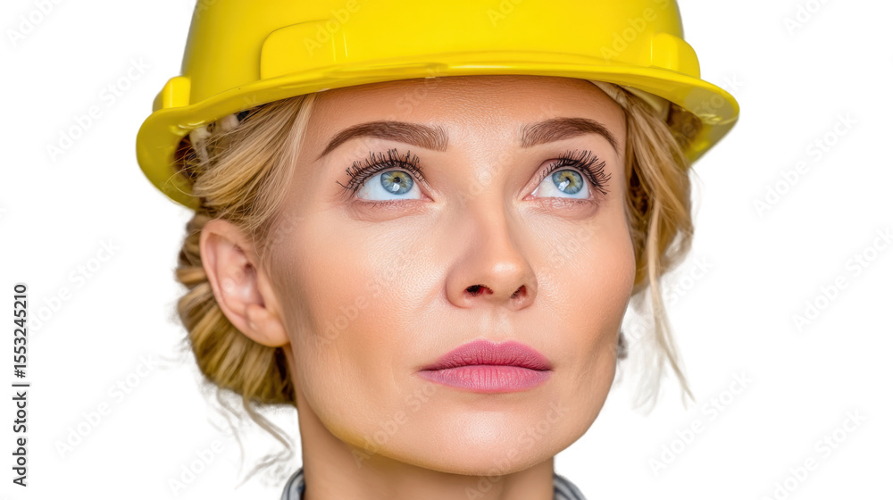 Pensive Construction Worker: A dedicated construction worker, clad in a vibrant yellow hard hat, gazes thoughtfully upwards, embodying a sense of professionalism, focus. Pensive Construction Worker: A dedicated construction worker, clad in a vibrant yellow hard hat, gazes thoughtfully upwards, embodying a sense of professionalism, focus.