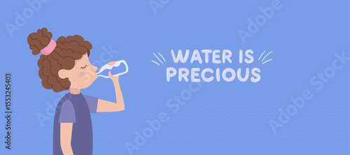 Vector banner of a girl drinking water, balancing her body with water elements, emphasizing human health and harmony