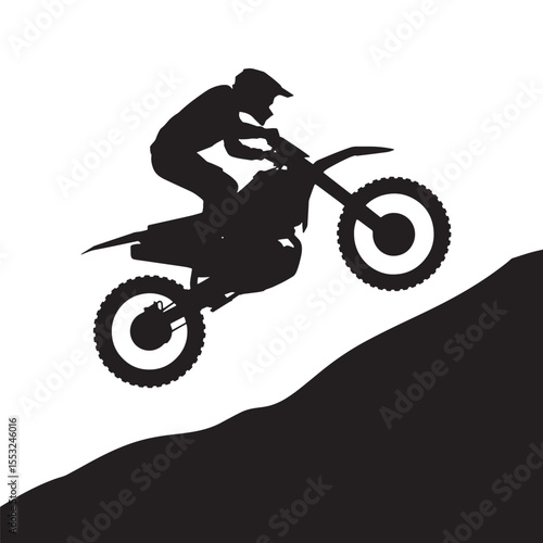 Silhouette of motocross rider jumping on dirt bike, extreme sport motorcycle stunt vector illustration.