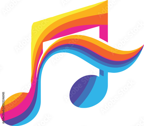 A vibrant music note with rainbow gradient on a white background symbolizing harmony and melody flow