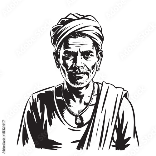 Traditional rural man with turban and mustache, hand-drawn vector illustration of farmer character.