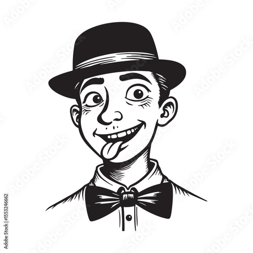 Funny retro man cartoon in suit and bow tie with top hat, smiling face expression vintage vector art.