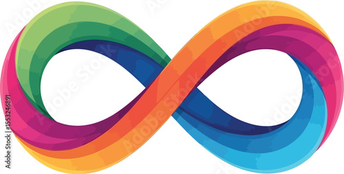 A colorful infinity symbol with green, orange, pink, and blue hues on a clean white background space