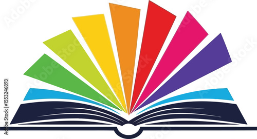 Open book with colorful pages fanned out in a rainbow spectrum against a plain white background logo design