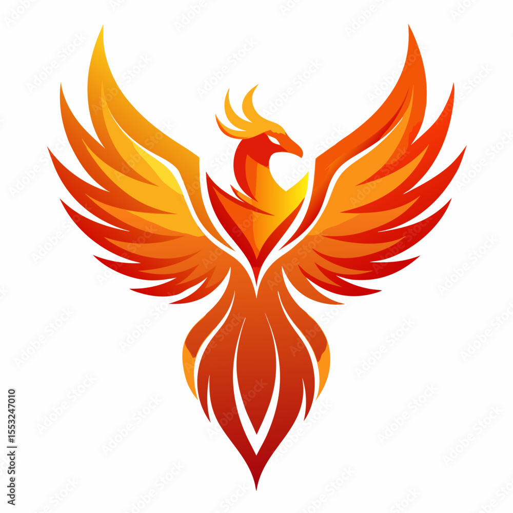 Fototapeta premium Stylized fiery phoenix rising with wings spread wide and tail feathers