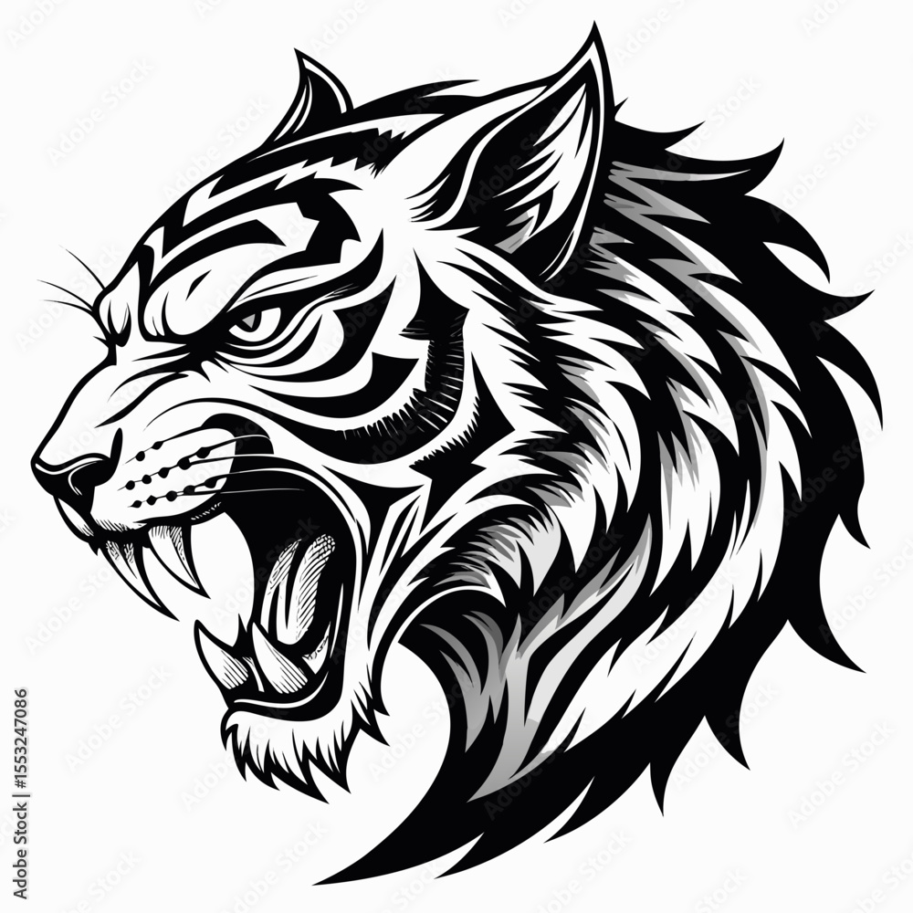 Obraz premium Fierce tiger head roaring with sharp teeth and tribal markings
