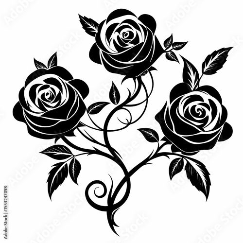 Elegant black silhouette of three blooming roses on a white background