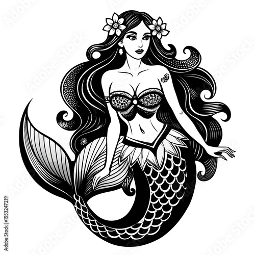 Beautiful black and white mermaid with long flowing hair and flowers