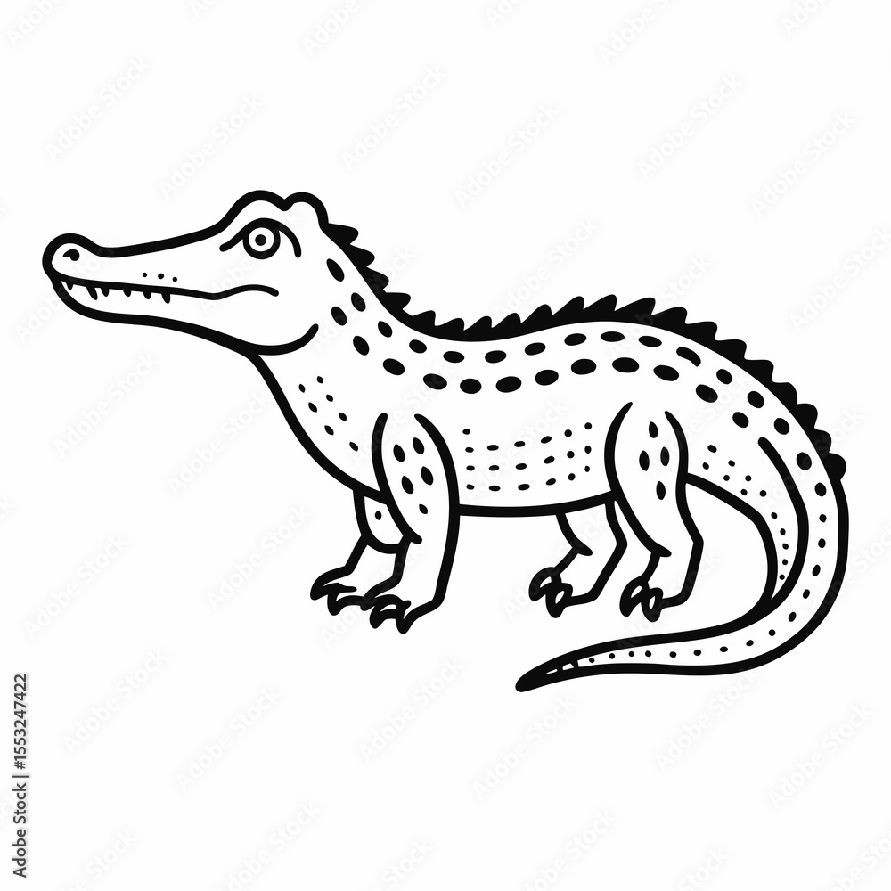 Cute cartoon alligator with spots and scales in black and white outline Cute cartoon alligator with spots and scales in black and white outline
