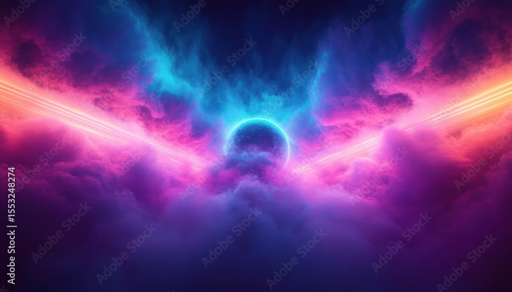 Vibrant cosmic scene with glowing planet surrounded by colorful nebula clouds in shades of blue, pink, and purple, illuminated by radiant light beams Vibrant cosmic scene with glowing planet surrounded by colorful nebula clouds in shades of blue, pink, and purple, illuminated by radiant light beams