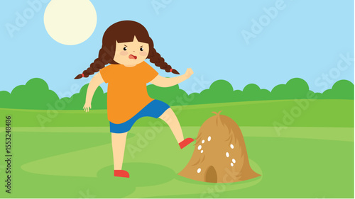 Girl playing with hay bale in the park. Vector illustration.