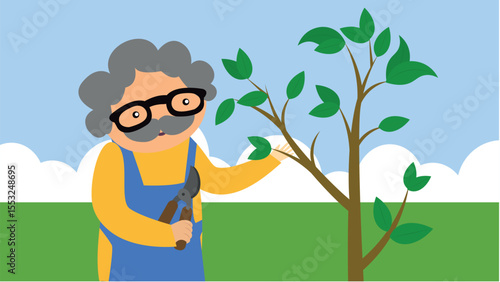 An old man in eyeliner trimming a tree