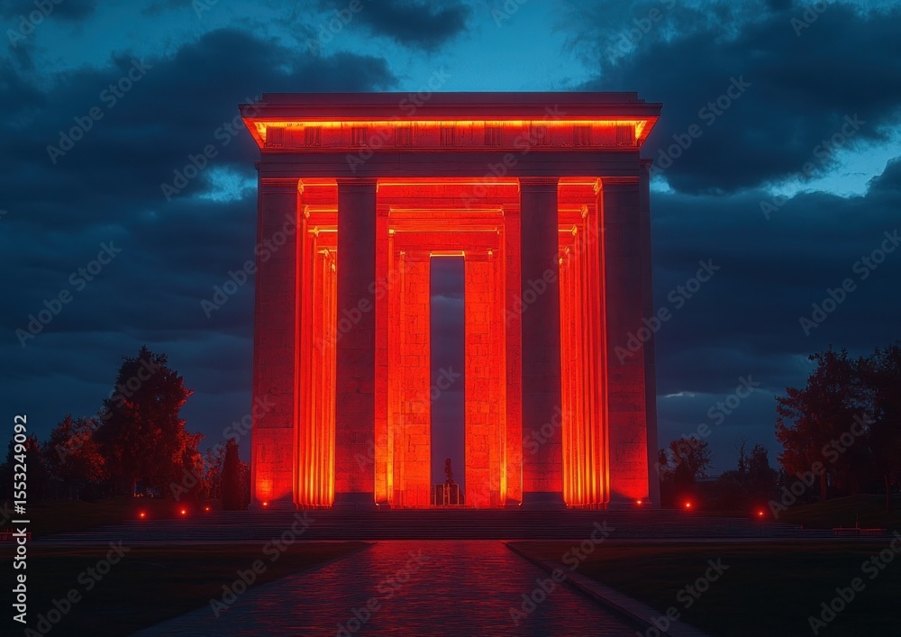Obraz premium Majestic illuminated monument with tall columns glowing bright orange against a dramatic dark blue cloudy sky at dusk