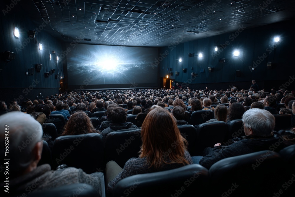 Crowded Cinema Auditorium with Full Audience in Dark Environment Crowded Cinema Auditorium with Full Audience in Dark Environment