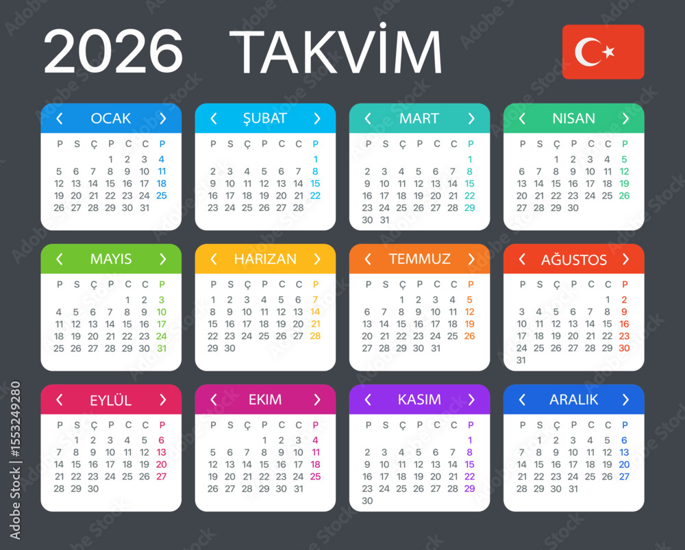 2026 Calendar - vector template graphic illustration - Turkish version 2026 Calendar - vector template graphic illustration - Turkish version