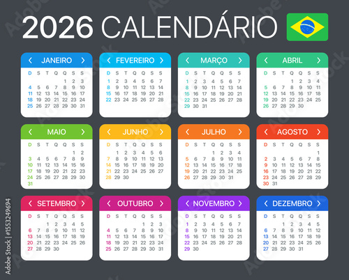 2026 Calendar - vector template graphic illustration - Brazilian version