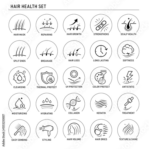 Hair health set icons. The outline icons are well scalable and editable. Contrasting elements are good for different backgrounds. EPS10.