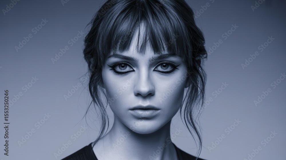 Young caucasian female with dramatic makeup in monochrome portrait Young caucasian female with dramatic makeup in monochrome portrait