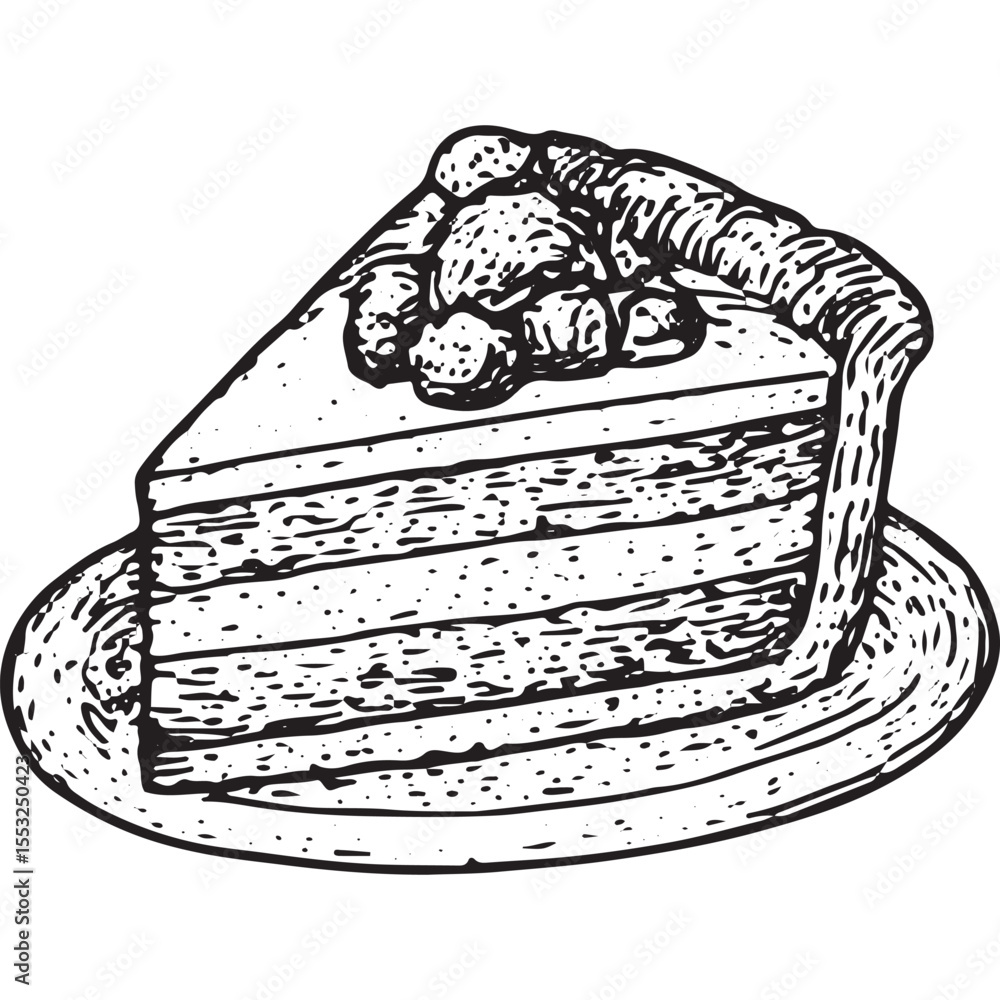 Obraz premium Hand-drawn sketch of a pie slice with a flaky crust and fruit filling, illustrated in detailed black-and-white ink, exuding a traditional bakery charm with a rustic touch