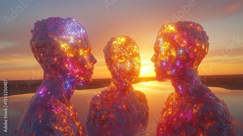 Iridescent figures reflect a luminous sunset over tranquil waters in an evocative artistic rendition