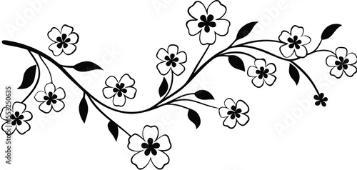 Delicate Floral Vine Vector Illustration A Flourishing Branch with Blossoming Flowers and Lush Leaves for Botanical Designs and Ornamental Embellishments on White