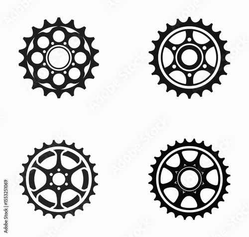 bicycle sprocket icon set, bike cogwheel symbol, cycling gear illustration, gear mechanism graphic