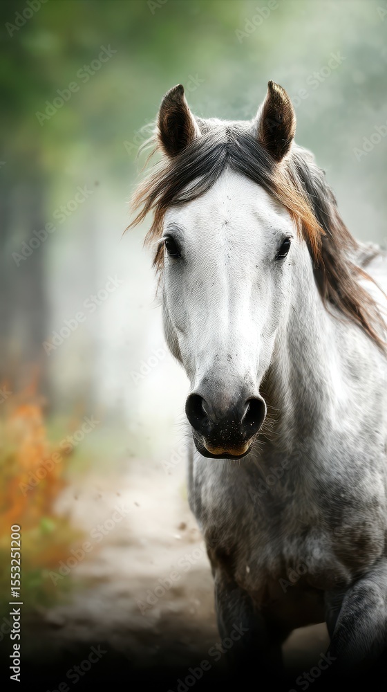 Fototapeta premium Majestic white horse galloping through a misty forest at dawn captures the essence of freedom and beauty in nature