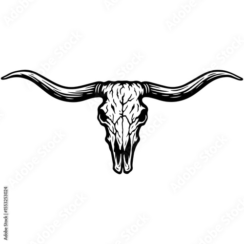 Highly detailed longhorn skull with textured bone and curved horns, black and white vintage vector illustration for western design