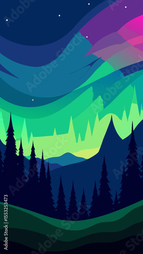 Stylized minimalist landscape with aurora borealis and silhouetted pine trees