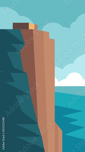 Flat design illustration of a tall cliff overlooking the ocean with clouds