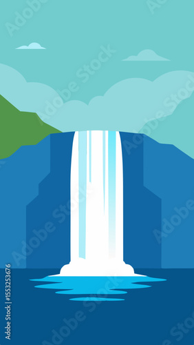 Vibrant blue waterfall cascades down a cliff into a calm lake under a cloudy sky