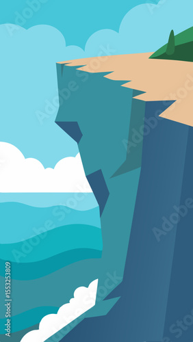 Stylized cliff overlooking ocean waves and cloudy sky with green hill
