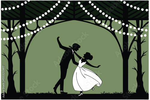 Romantic couple dancing under twinkling fairy lights celebration