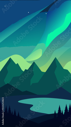 Stylized arctic landscape with northern lights over mountains and lake