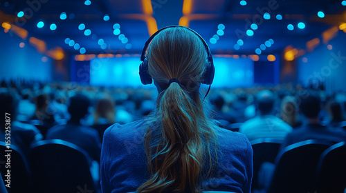 Woman with headphones listens at conference in large hall with audience