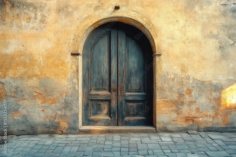 Old weathered wooden double door with arched top set in a textured, aged stucco wall above a stone-paved courtyard with sunlight casting soft shadows Old weathered wooden double door with arched top set in a textured, aged stucco wall above a stone-paved courtyard with sunlight casting soft shadows