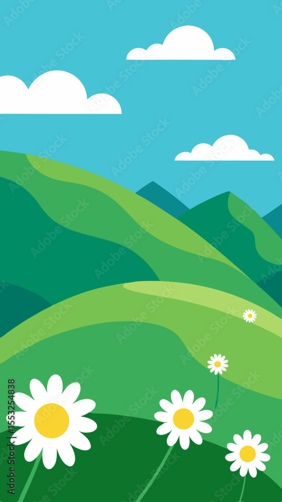 Fototapeta premium Stylized green rolling hills with white daisies under a blue sky with clouds