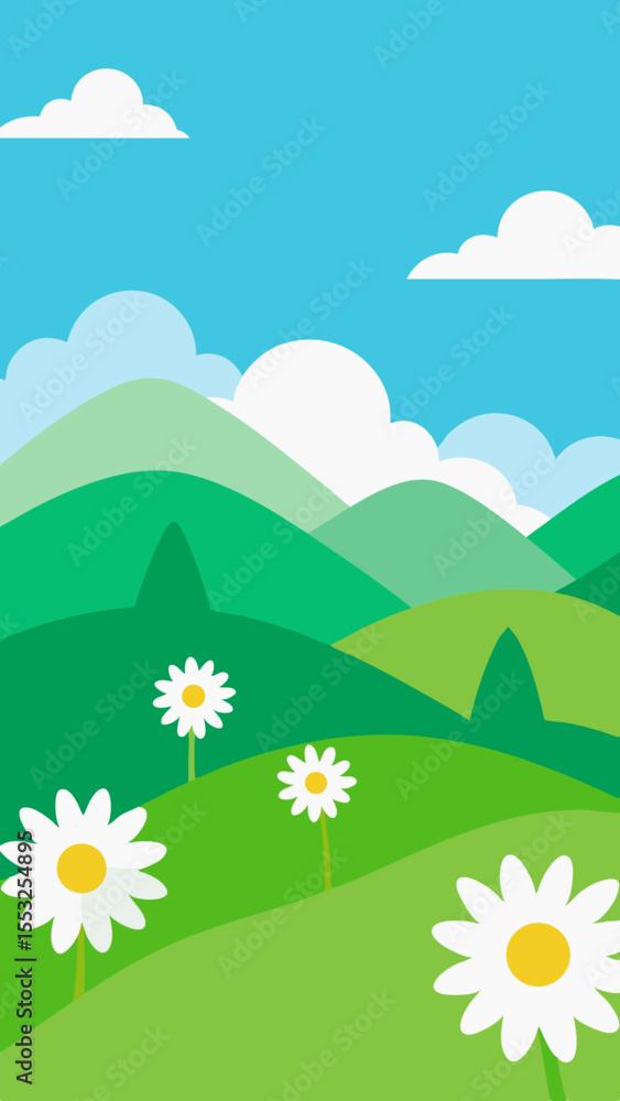 Fototapeta premium Stylized green rolling hills with daisies under a blue sky with clouds