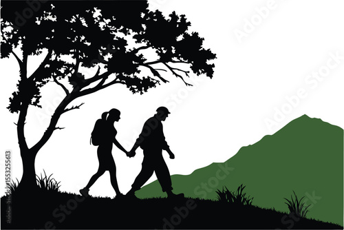 Silhouetted couple enjoying a scenic hike together in nature