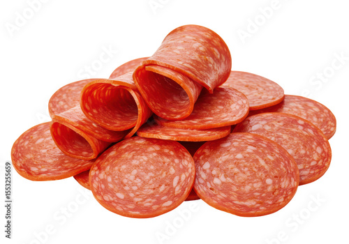 Isolated Rolled and Flat Slices of Pepperoni