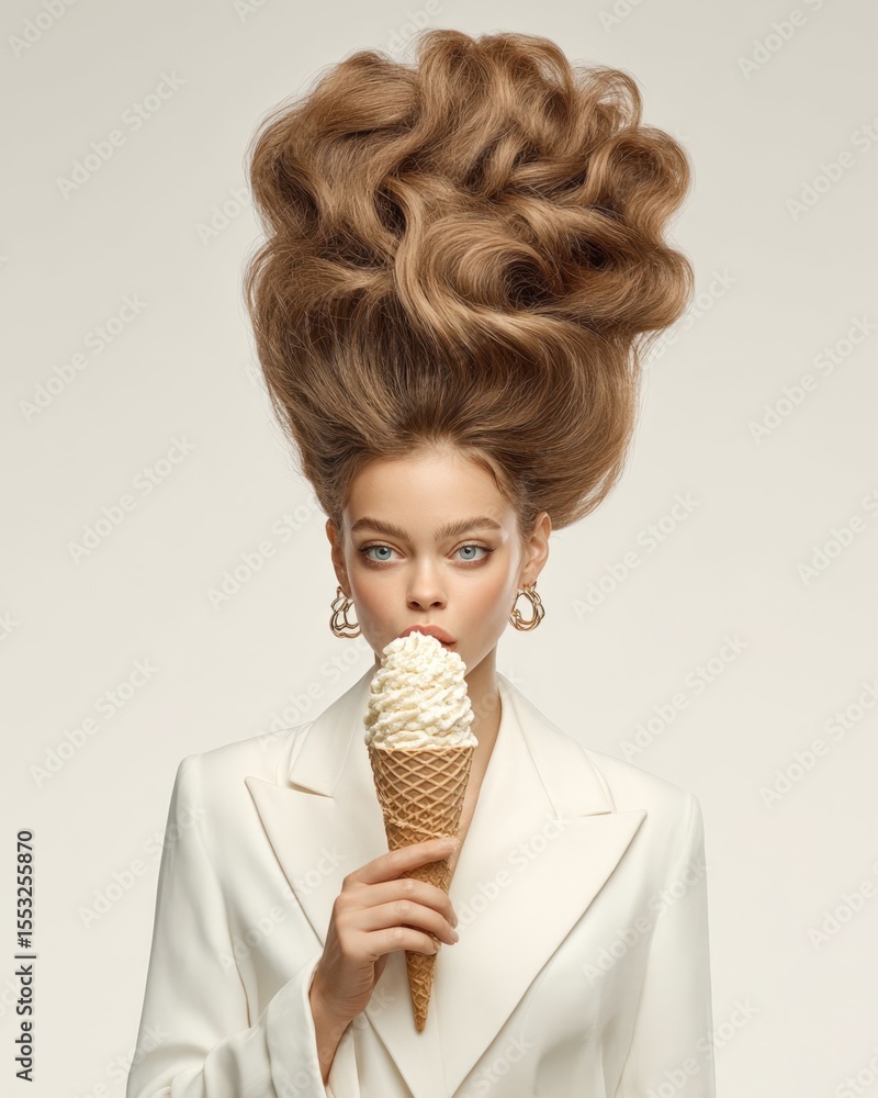 Decadent Indulgence A Vision of Sweetness and Style with a Playful Twist and Exquisite Hairdo Enjoying a Classic Ice Cream Cone Decadent Indulgence A Vision of Sweetness and Style with a Playful Twist and Exquisite Hairdo Enjoying a Classic Ice Cream Cone