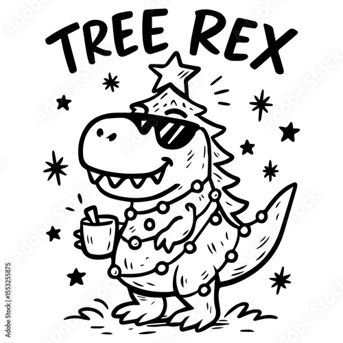 Funny cartoon T-Rex dressed as Christmas tree with sunglasses and lights, holding hot drink, humorous festive dinosaur illustration in black and white