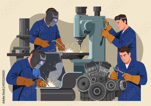 Four workers in blue overalls perform welding machining and repair tasks on metal parts and an engine in a workshop