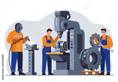 Three mechanics work on equipment One welds another uses a drill press and a third works on gears