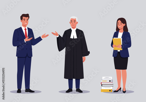Three legal professionals are displayed including one in judicial robes
