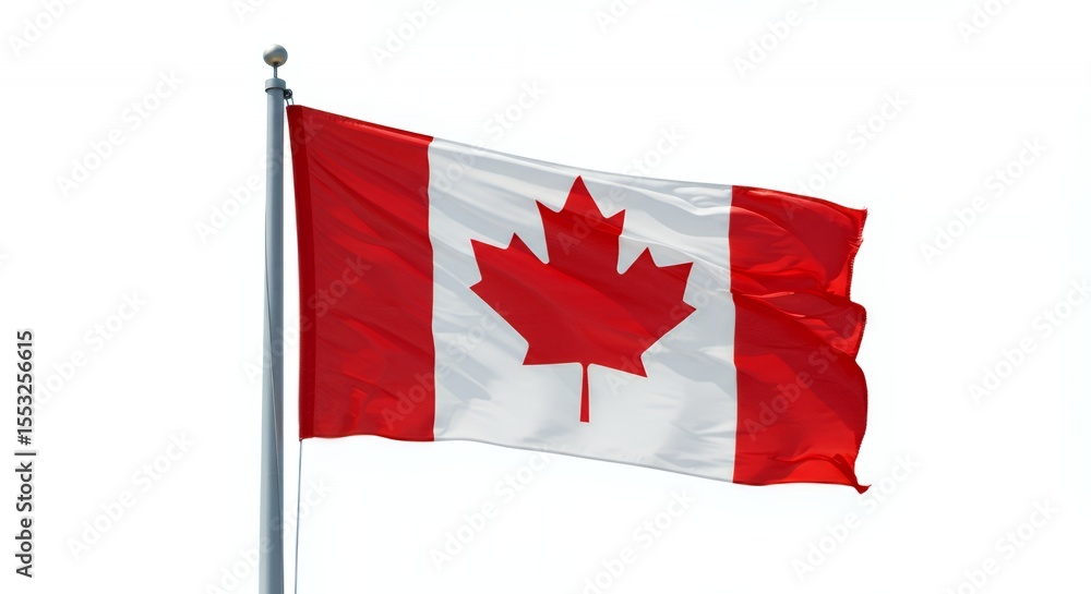 Canadian Flag billows proudly against a crisp white sky. Canadian Flag billows proudly against a crisp white sky.